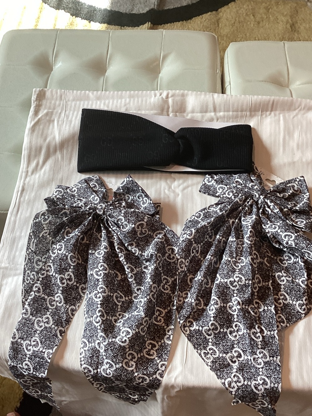 Black & White Logo Bow Hair Scarves - Designer-Inspired Women’s Accessory